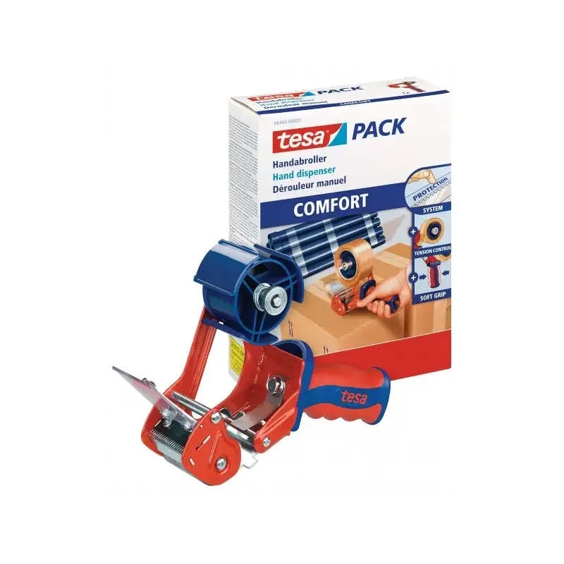 Tesa 6400 Comfort Precintadora para Rollos de hasta 50mm - Sistema de Cuchilla Protegida - Tension Ajustable Manualmente - Color