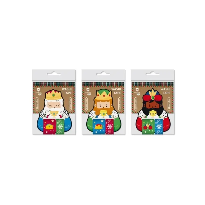 Bismark Pack de 2 Rollos de Cinta Washi-Tape Navideña para Regalos - Tematica Reyes Magos - Medidas 20mmx3m y 30mmx3m - 3 Diseño