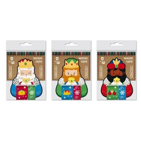 Bismark Pack de 2 Rollos de Cinta Washi-Tape Navideña para Regalos - Tematica Reyes Magos - Medidas 20mmx3m y 30mmx3m - 3 Diseño