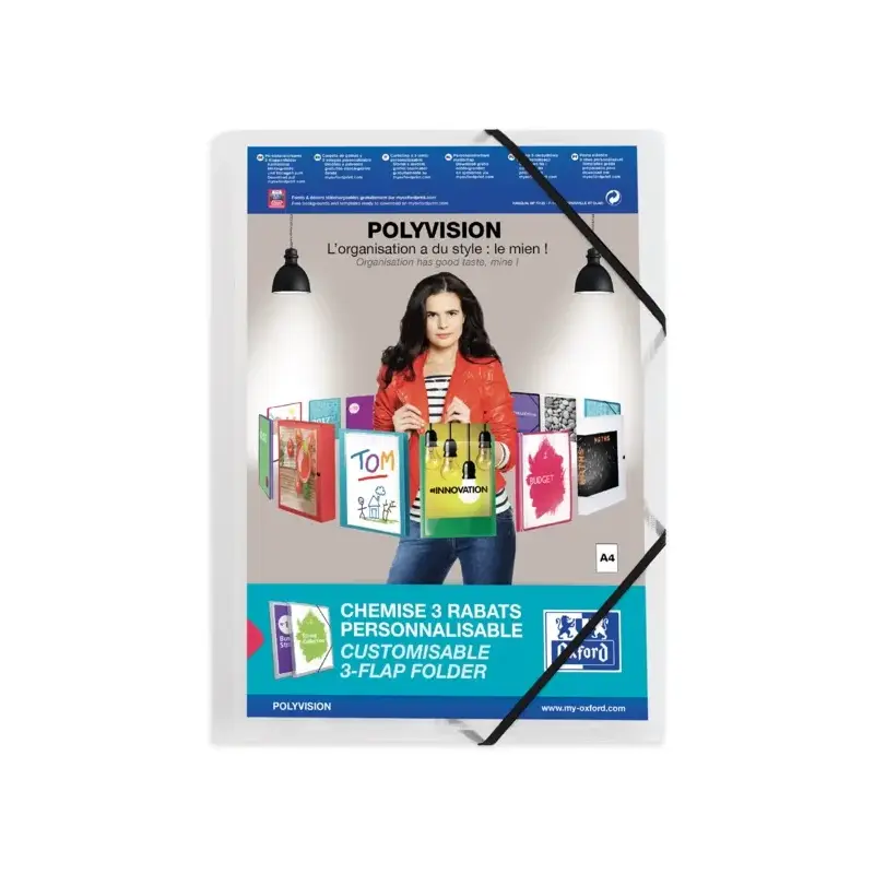 Oxford Polyvision A4+ Carpeta de Gomas 3 Solapas - Tapa de Plastico Personalizable - Lomo 30mm Transparente | Ahorro Imprimiendo