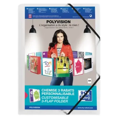 Oxford Polyvision A4+ Carpeta de Gomas 3 Solapas - Tapa de Plastico Personalizable - Lomo 30mm Transparente | Ahorro Imprimiendo