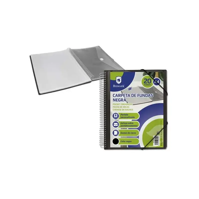Bismark Carpeta con 20 Fundas Transparentes - Formato A4 - Incluye Sobre Portadocumentos - Cierre de Gomas | Ahorro Imprimiendo