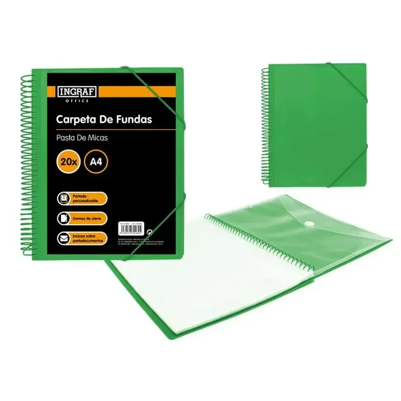 Ingraf Carpeta 20 Fundas A4 + Sobre con Broche - Espiral Plastica Indeformable - Apertura 360 Grados - Portada Personalizable -