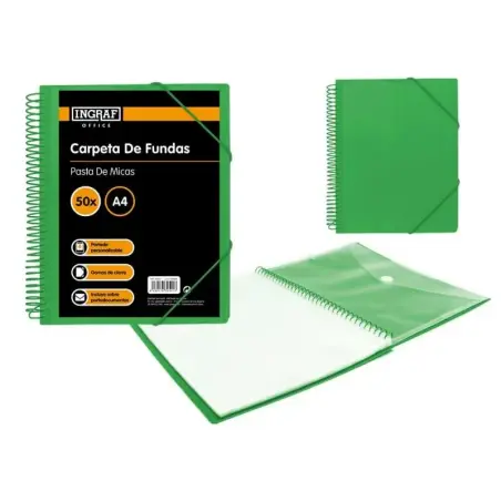Ingraf Carpeta 50 Fundas A4 + Sobre con Broche - Espiral Plastica Indeformable - Apertura 360 Grados - Portada Personalizable -