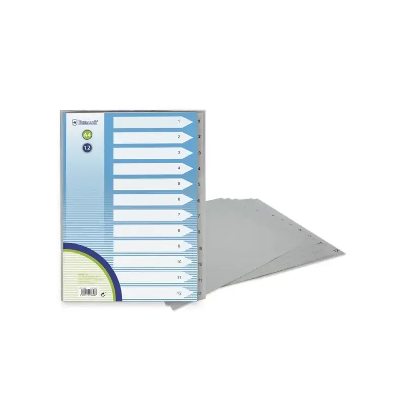 Bismark Indice Numerico con Pestañas del 1 al 12 - Multitaladro - Formato A4 - Fabricados en Polipropileno - Color Gris | Ahorro