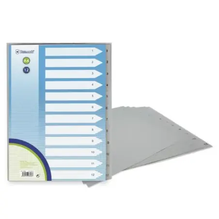 Bismark Indice Numerico con Pestañas del 1 al 12 - Multitaladro - Formato A4 - Fabricados en Polipropileno - Color Gris | Ahorro
