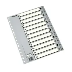 Esselte Indice Numerico de Plastico - Pestañas 1 al 12 - Multitaladro - Formato A4 - Color Gris | Ahorro Imprimiendo