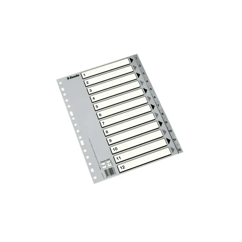 Esselte Indice Numerico de Plastico - Pestañas 1 al 12 - Multitaladro - Formato A4 - Color Gris | Ahorro Imprimiendo