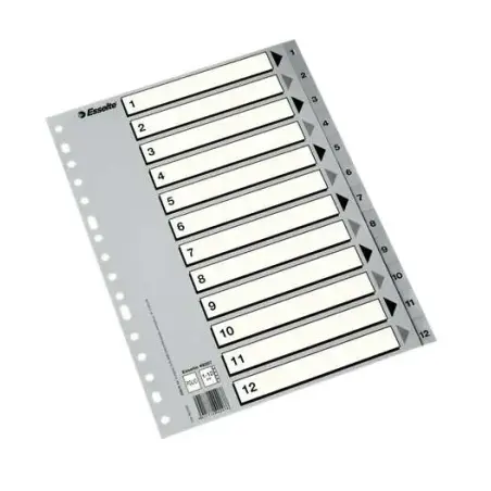 Esselte Indice Numerico de Plastico - Pestañas 1 al 12 - Multitaladro - Formato A4 - Color Gris | Ahorro Imprimiendo