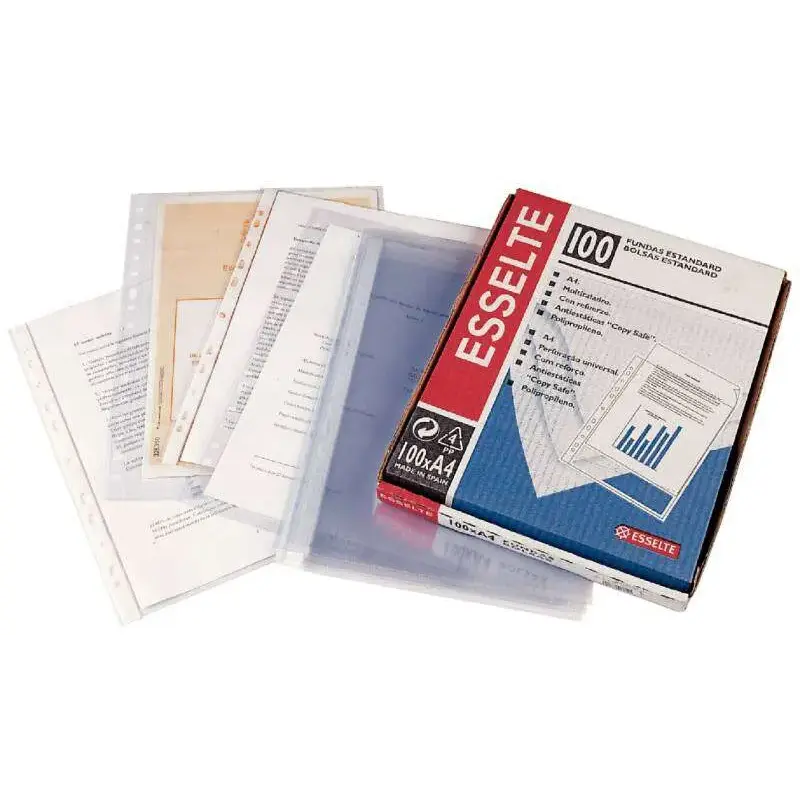 Esselte Pack de 100 Fundas Portadocumentos Multitaladro PVC con Refuerzo Tamaño A4 - 80 micras - Liso Calidad Estandar - Transpa