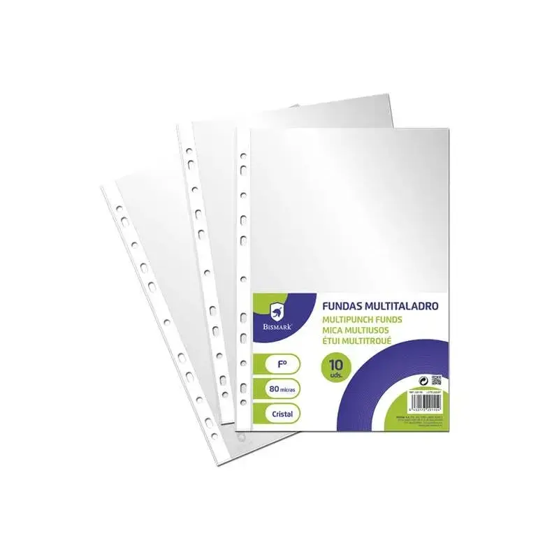 Bismark Pack de 10 Fundas Multitaladro Tamaño Folio 80 Micras - Acabado en Cristal - Ideal para Carpetas con Mecanismo de Anilla