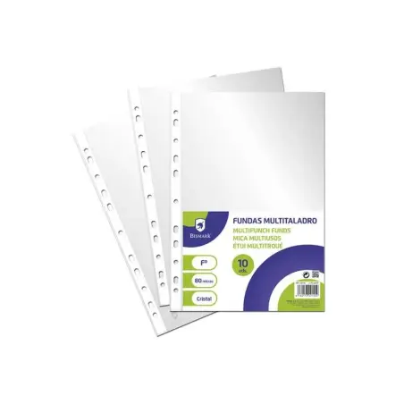 Bismark Pack de 10 Fundas Multitaladro Tamaño Folio 80 Micras - Acabado en Cristal - Ideal para Carpetas con Mecanismo de Anilla