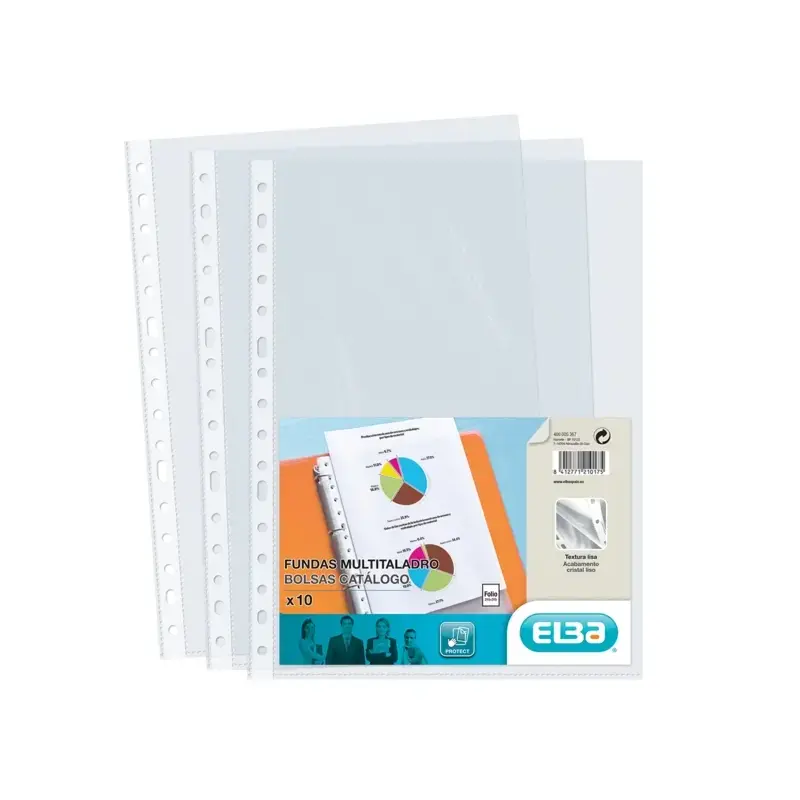 Elba Pack de 10 Fundas Multitaladro PP 70 Micras - Tamaño Folio - Acabado Cristal - Transparente | Ahorro Imprimiendo