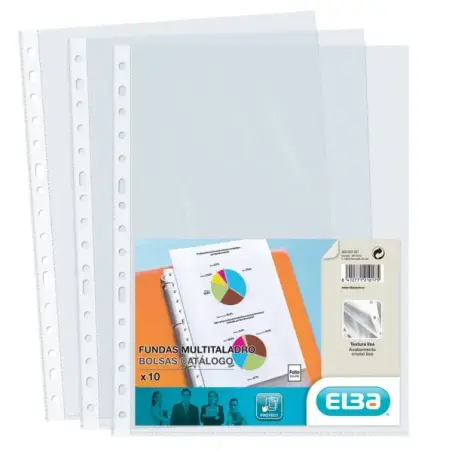 Elba Pack de 10 Fundas Multitaladro PP 70 Micras - Tamaño Folio - Acabado Cristal - Transparente | Ahorro Imprimiendo