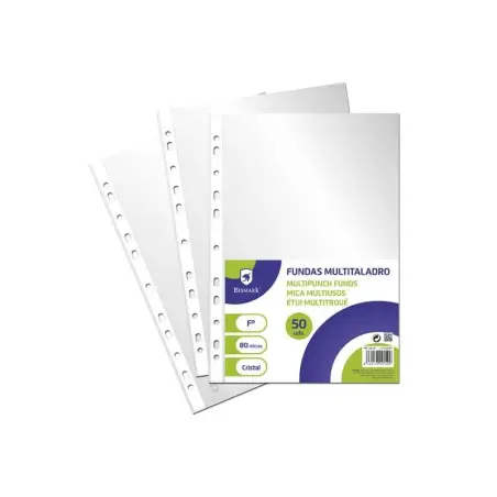 Bismark Pack de 50 Fundas Multitaladro Tamaño Folio 80 Micras - Acabado en Cristal - Ideal para Carpetas con Mecanismo de Anilla