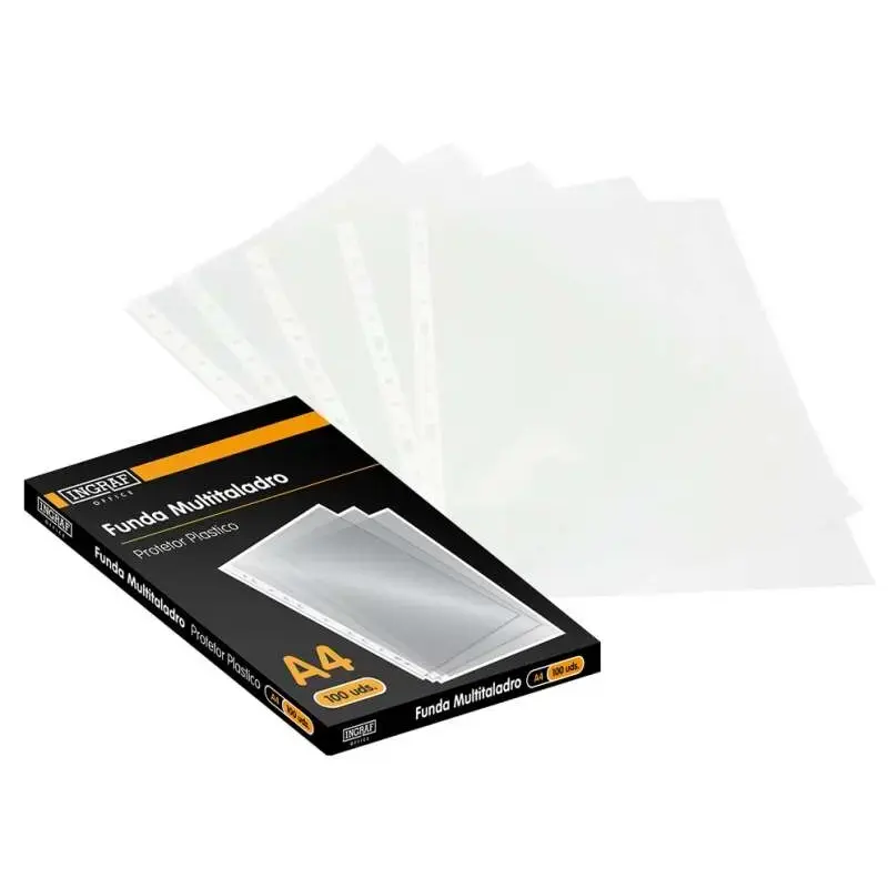 Ingraf Pack de 100 Fundas Multitaladro A4 Transparentes 70 Micras - Acabado Granulado | Ahorro Imprimiendo