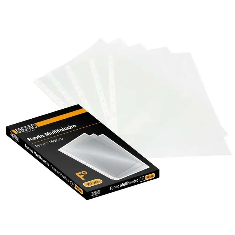 Ingraf Pack de 100 Fundas Multitaladro Folio Transparentes 70 Micras - Acabado Granulado | Ahorro Imprimiendo
