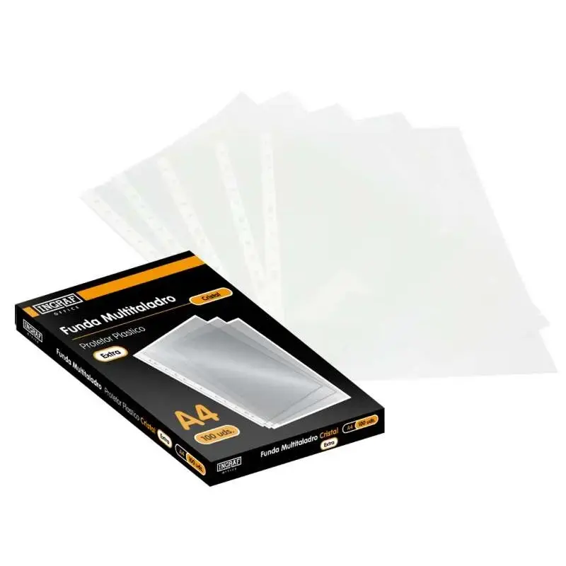 Ingraf Pack de 100 Fundas Multitaladro A4 Transparentes 70 Micras - Acabado en Cristal | Ahorro Imprimiendo