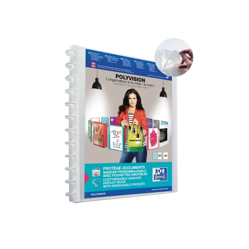 Oxford Polyvision Variozip A4+ Carpeta de 20 Fundas Removibles - Tapa de Plastico Personalizable - Organizacion y Proteccion par