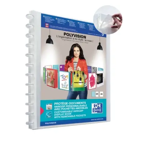Oxford Polyvision Variozip A4+ Carpeta de 20 Fundas Removibles - Tapa de Plastico Personalizable - Organizacion y Proteccion par