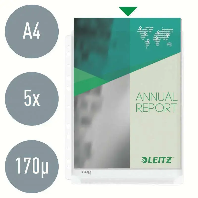 Leitz Pack de 5 Fundas Fuelle Estandar A4 PVC Liso Multitaladro-11 - Capacidad 200 Hojas - Transparente (170 Micras) | Ahorro Im
