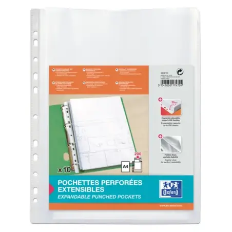 Oxford Pack de 10 Fundas Multitaladro A4 con Fuelle - Gran Capacidad - Polipropileno 200µ - Acabado Cristal | Ahorro Imprimiendo