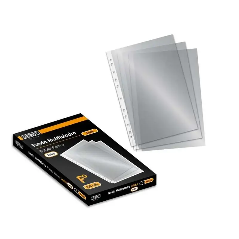 Ingraf Pack de 100 Fundas Multitaladro Folio Transparente 70 Micras - Acabado en Cristal | Ahorro Imprimiendo