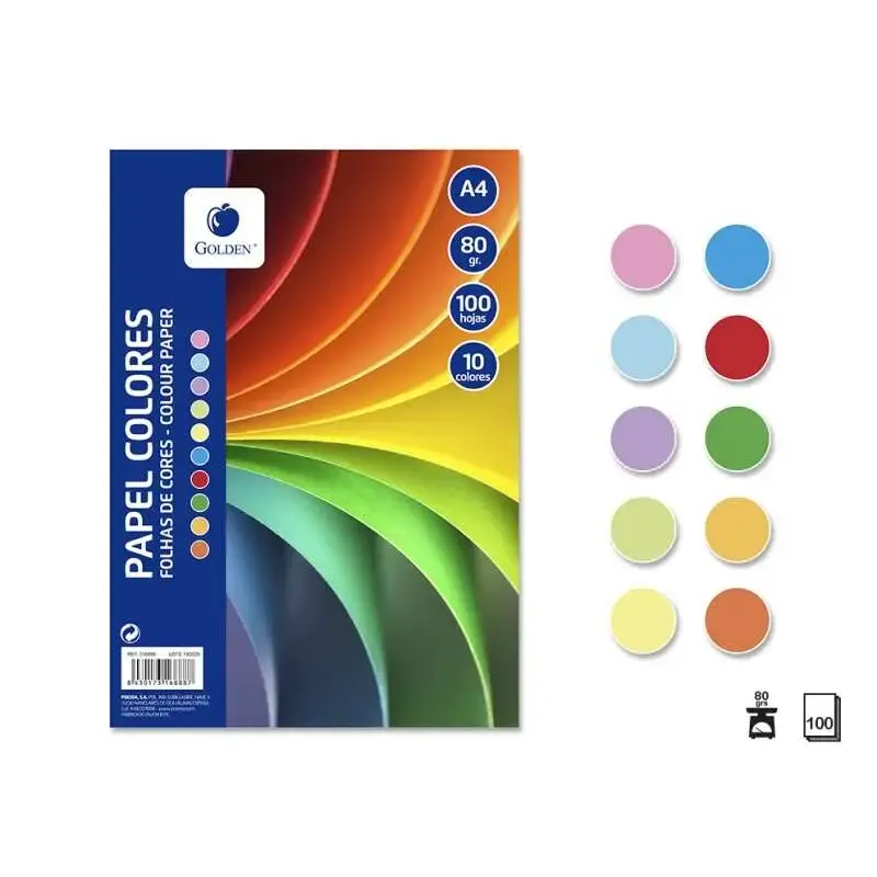 Golden Pack con 100 Hojas de Papel de Colores A4 80gr - 10 Hojas por Color - Colores Surtidos | Ahorro Imprimiendo