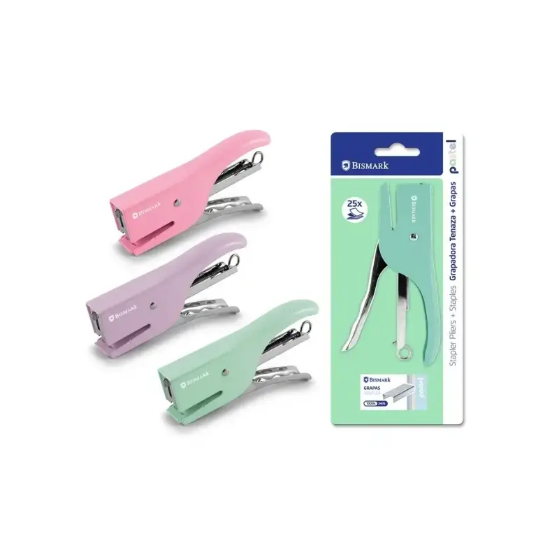 Bismark Grapadora de Tenaza + 1000 Grapas 24/6 - Capacidad de Grapado 25 Hojas - Diseño Ergonomico - Alta Durabilidad - Colores