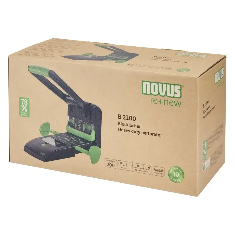 Novus B 2200 re+new Perforadora para Gruesos - Fabricado con Plastico Reciclado - Hasta 200 Hojas - Perforacion de 2 o 4 Agujero