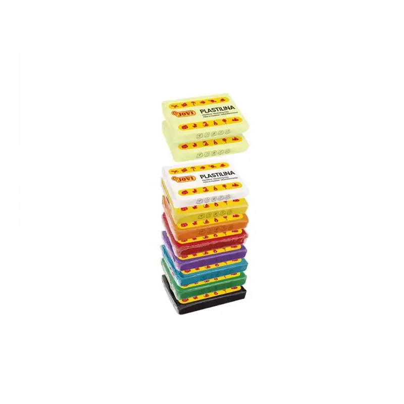 Jovi Bandeja con 10 Pastillas de Plastilina 50gr - 8 Colores Basicos + 2 Fluorescentes - Muy Moldeable - No se Seca - Colores Su