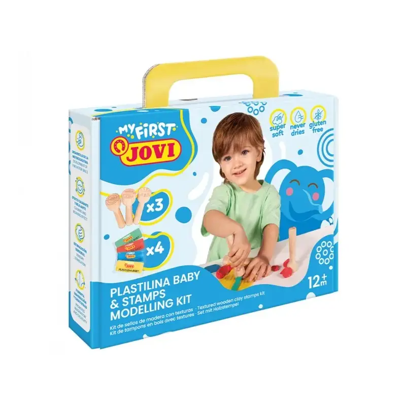 Jovi My First Plastilina Kit de Modelaje con 4 Pastillas de Plastilina 38gr + 3 Estampadores de Madera - Super Blanda - Estimula