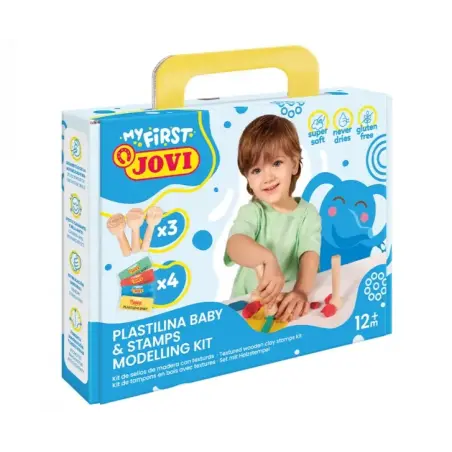 Jovi My First Plastilina Kit de Modelaje con 4 Pastillas de Plastilina 38gr + 3 Estampadores de Madera - Super Blanda - Estimula