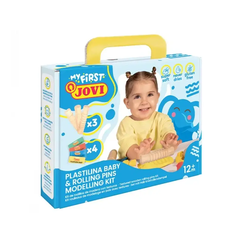 Jovi My First Plastilina Kit de Modelaje con 4 Pastillas de Plastilina 38gr + 3 Rodillos de Madera - Super Blanda - Estimula Cre