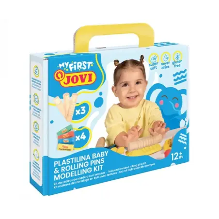 Jovi My First Plastilina Kit de Modelaje con 4 Pastillas de Plastilina 38gr + 3 Rodillos de Madera - Super Blanda - Estimula Cre