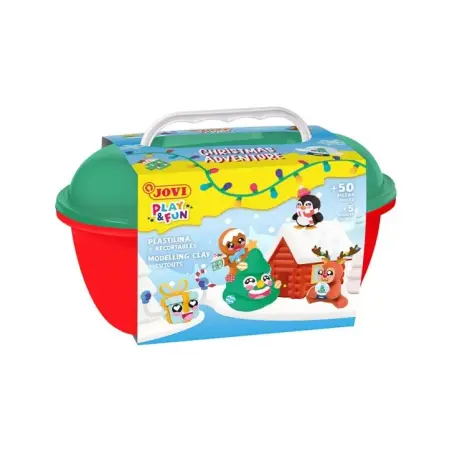 Jovi Play & Fun Cofre Christmas Adventure con 24 Barras de Plastilina 15gr + Modeladores + Recortables - Sin Gluten - Base Veget