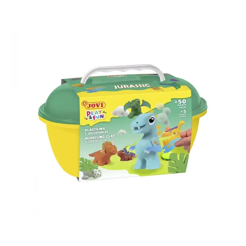 Jovi Play & Fun Cofre Jurassic con 24 Barras de Plastilina 15gr + Modeladores + Recortables - Sin Gluten - Base Vegetal - No se