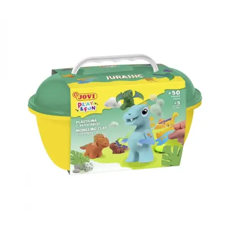 Jovi Play & Fun Cofre Jurassic con 24 Barras de Plastilina 15gr + Modeladores + Recortables - Sin Gluten - Base Vegetal - No se