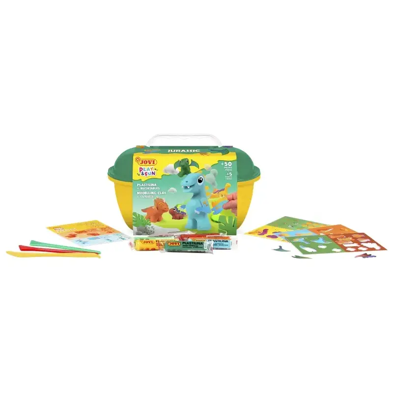 Jovi Play & Fun Cofre Jurassic con 24 Barras de Plastilina 15gr + Modeladores + Recortables - Sin Gluten - Base Vegetal - No se