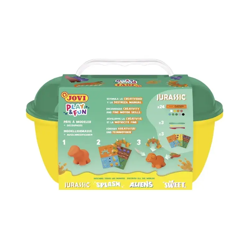 Jovi Play & Fun Cofre Jurassic con 24 Barras de Plastilina 15gr + Modeladores + Recortables - Sin Gluten - Base Vegetal - No se