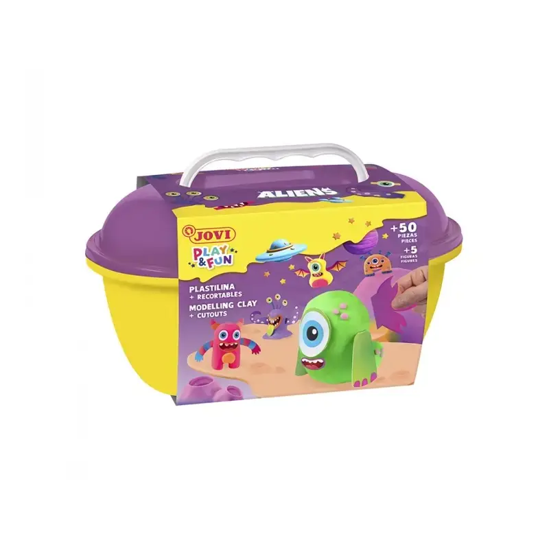Jovi Play & Fun Cofre Aliens con 24 Barras de Plastilina 15gr + Modeladores + Recortables - Sin Gluten - Base Vegetal - No se Se