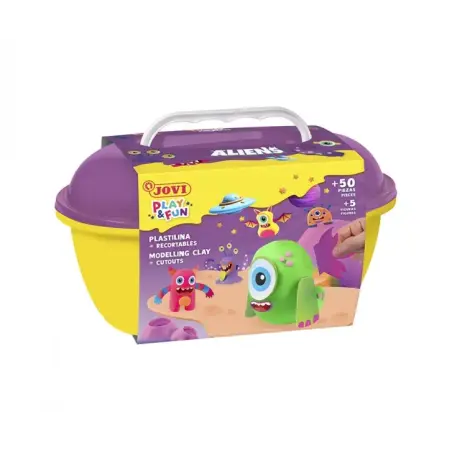 Jovi Play & Fun Cofre Aliens con 24 Barras de Plastilina 15gr + Modeladores + Recortables - Sin Gluten - Base Vegetal - No se Se