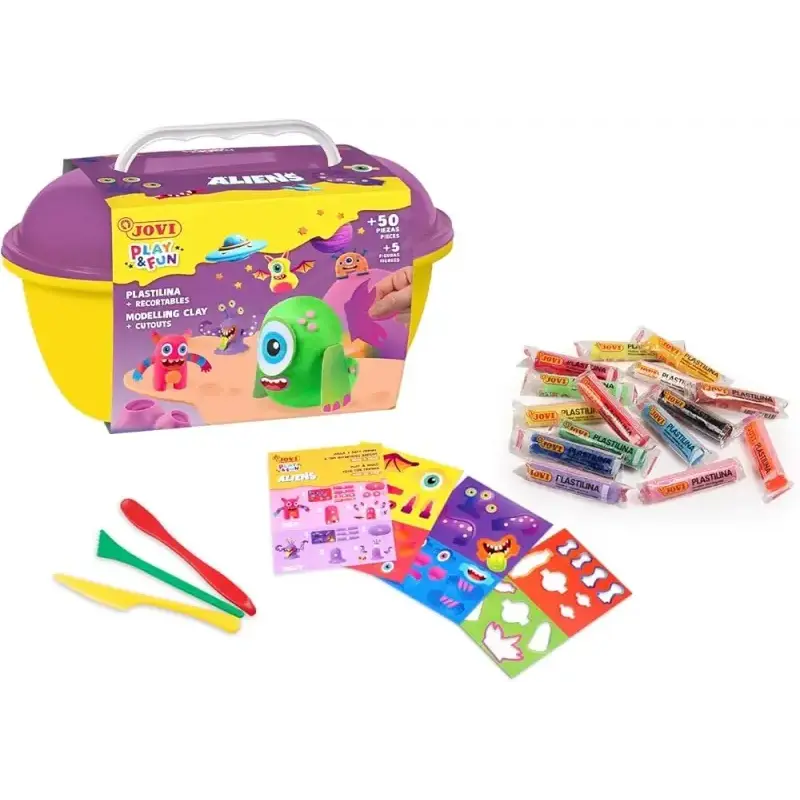 Jovi Play & Fun Cofre Aliens con 24 Barras de Plastilina 15gr + Modeladores + Recortables - Sin Gluten - Base Vegetal - No se Se
