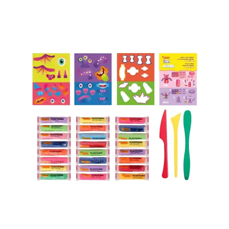 Jovi Play & Fun Cofre Aliens con 24 Barras de Plastilina 15gr + Modeladores + Recortables - Sin Gluten - Base Vegetal - No se Se