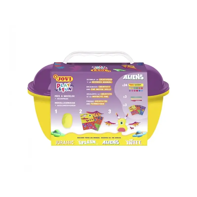 Jovi Play & Fun Cofre Aliens con 24 Barras de Plastilina 15gr + Modeladores + Recortables - Sin Gluten - Base Vegetal - No se Se
