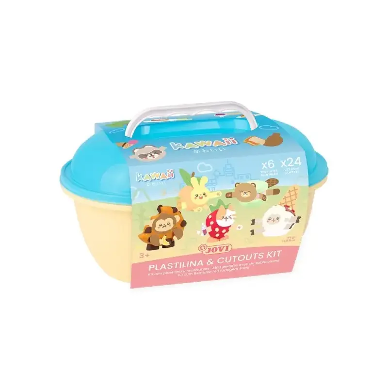 Jovi Kawaii Cofre con 24 Barras de Plastilina 15gr + Modeladores + Recortables - Sin Gluten - Base Vegetal - No se Seca - Colore