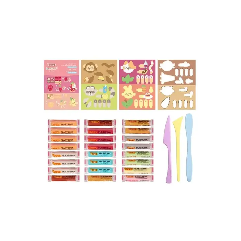 Jovi Kawaii Cofre con 24 Barras de Plastilina 15gr + Modeladores + Recortables - Sin Gluten - Base Vegetal - No se Seca - Colore