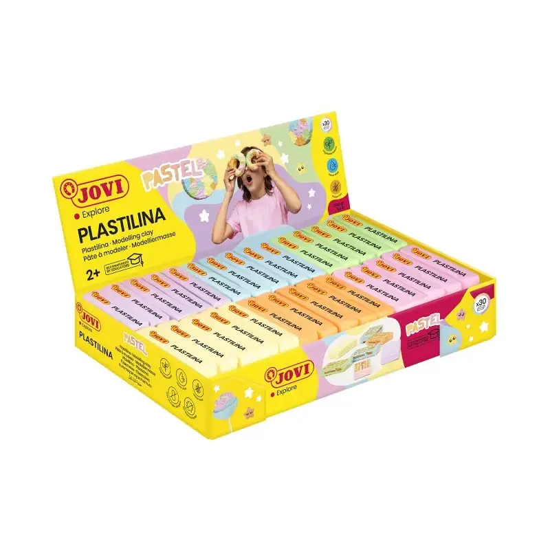 Jovi Expositor de 30 Pastillas de Plastilina 50gr - 100% Vegetal - Muy Moldeable - No Se Seca - Mezclables - Colores Pastel Surt