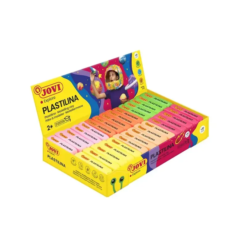 Jovi Expositor de 30 Pastillas de Plastilina 50gr - Colores Neon - 100% Vegetal - Muy Moldeable - No Se Seca - Mezclables - Colo