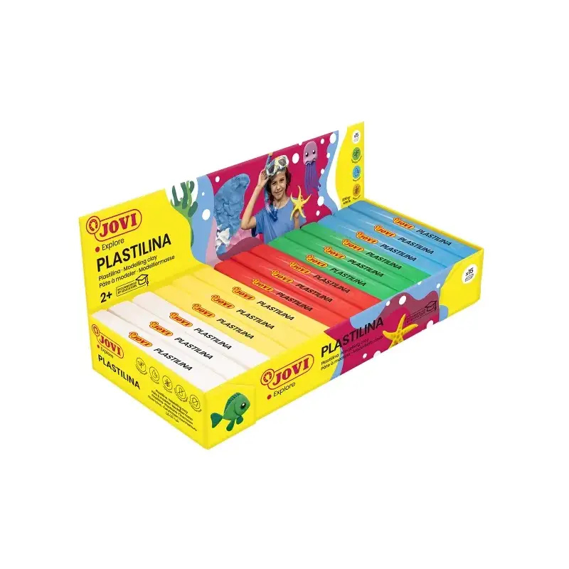 Jovi Expositor de 15 Pastillas de Plastilina 150gr - Colores Basicos - 100% Vegetal - Muy Moldeable - No Se Seca - Colores Mezcl